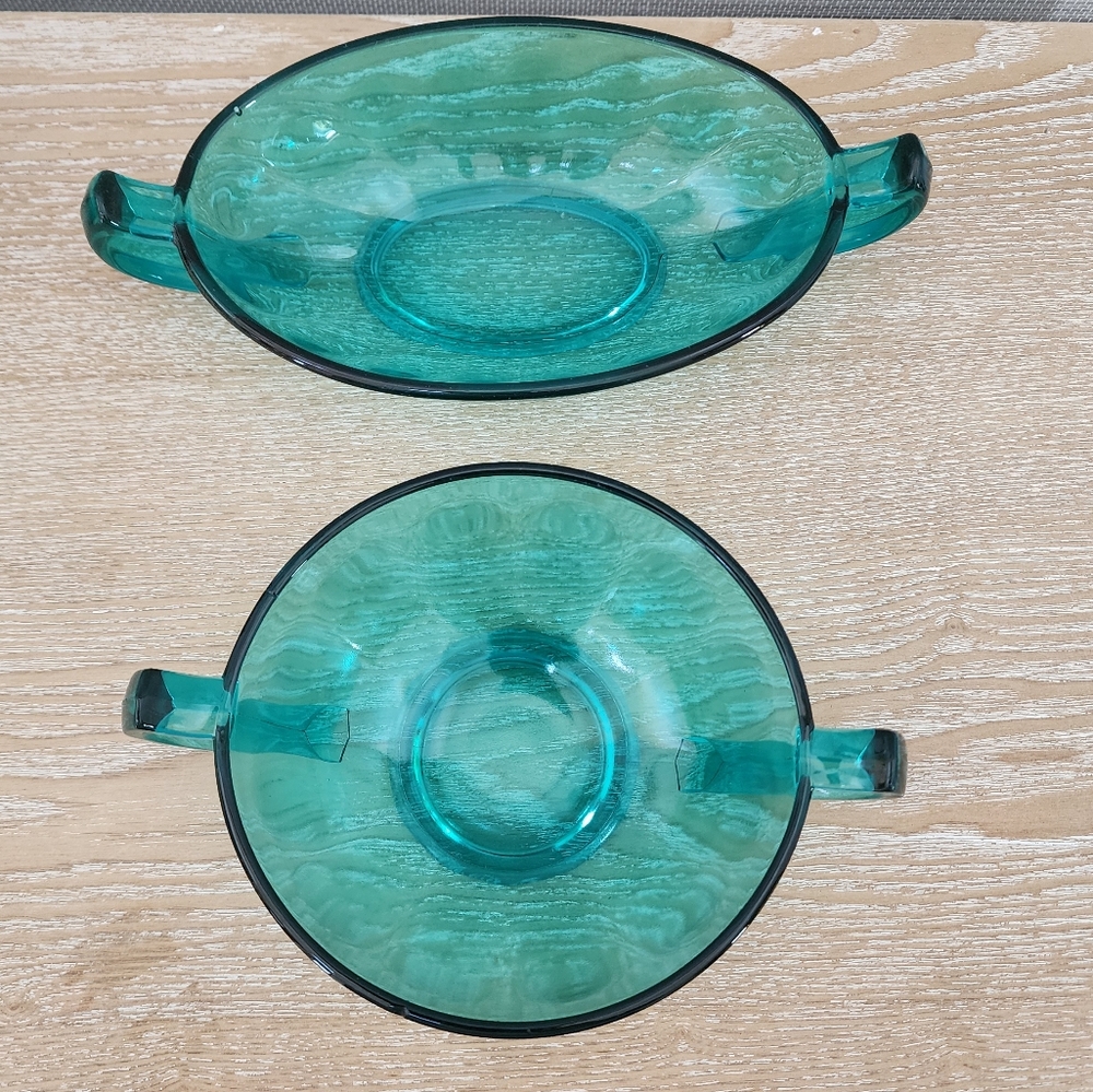 Pair Of Vintage Teal Glass Bowls, Dishes With Handles